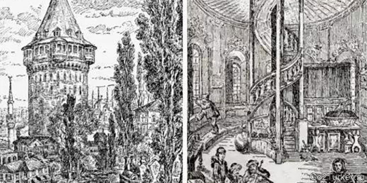 Слева: Галатская башня 1830-х годов и мусульманское кладбище за пределами городских стен; Справа: лестница и кафе на 7-м этаже Галатской башни 1850-х годов
