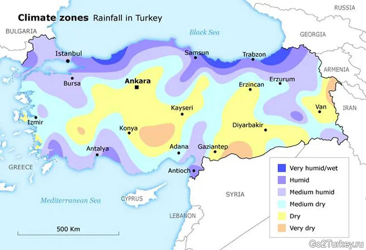 Климатические зоны в Турции с указанием годового количества осадков
