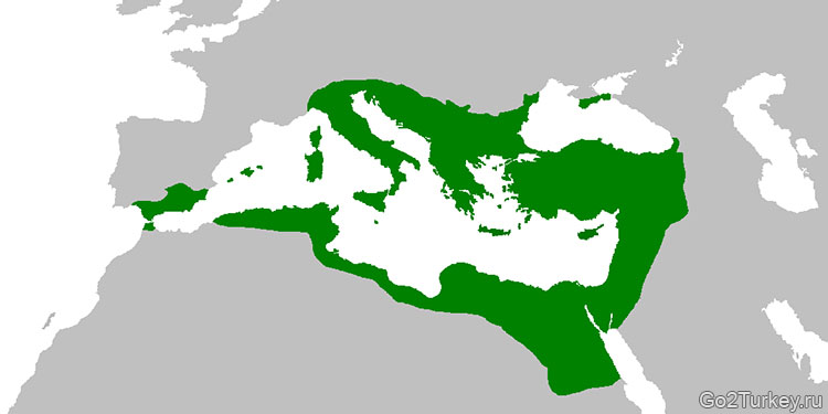 Византийская империя в период наибольшей территориальной экспансии к 555 году после завоеваний Юстиниана I