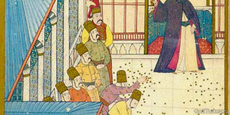 Султан Ахмед III разбрасывает золотые монеты на террасе дворца Топикаби. Миниатюра из «Сурнаме-и Вехби». 1720 год