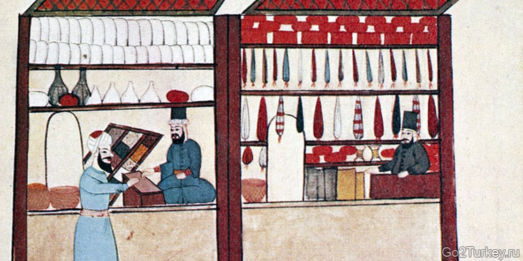 Базар в Константинополе. Миниатюра из манускрипта «Кодекс Чигоньи». Турция, XVII век. Biblioteca di Museo Civico Correr
