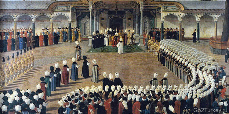 Селим III принимает сановников у Врат блаженства дворца Топкапы. Картина Константина Капыдаглы. 1789 год. Topkapı Sarayı Müzesi