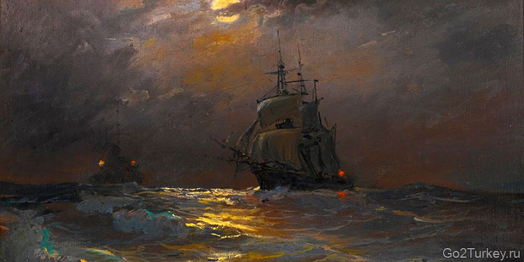 На высоких волнах под луной. Картина Диярбакырлы Тахсина. 1919 год. Sotheby’s